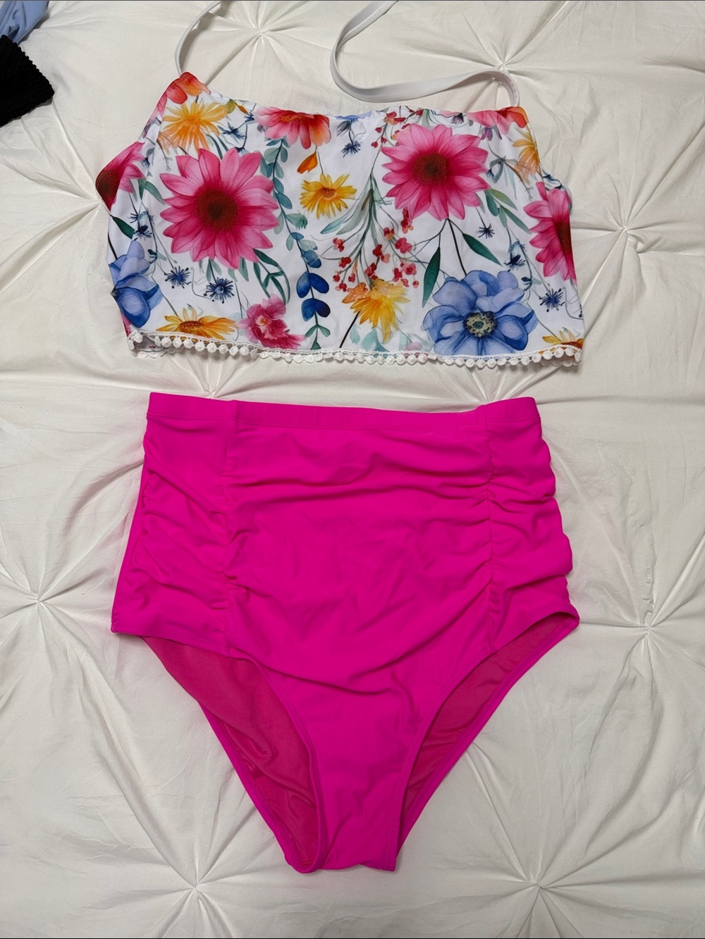 Floral Crop Bikini Top with Hot Pink High Waist Bottoms